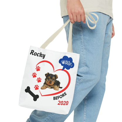 Personalized Puppy Photo & Name White Canvas Tote Bag — "Rocky" Before & Now Paw Print Design
