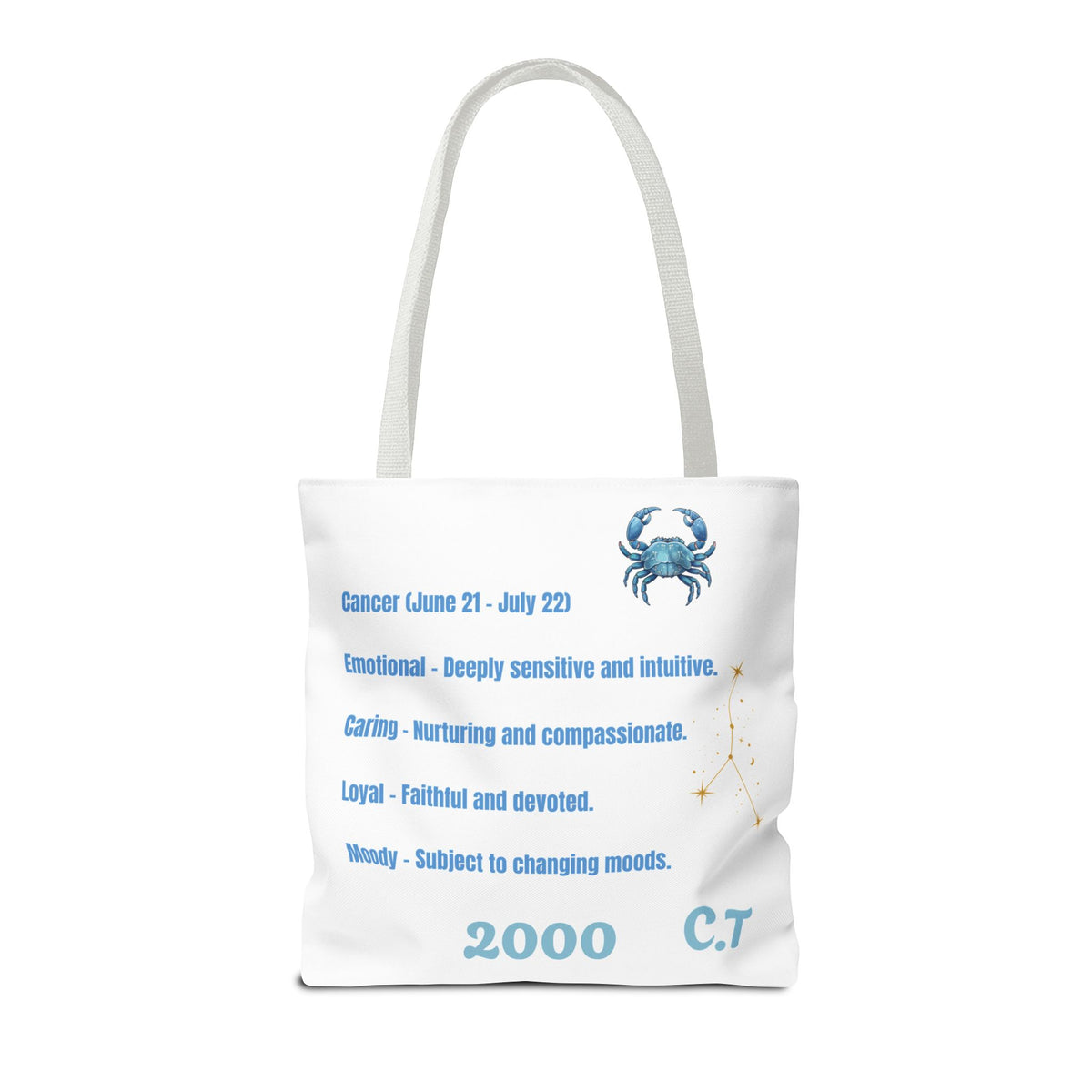 Personalized Initials & D.O.B Cancer Zodiac White Canvas Tote Bag – June 21–July 22 Astrology Gift