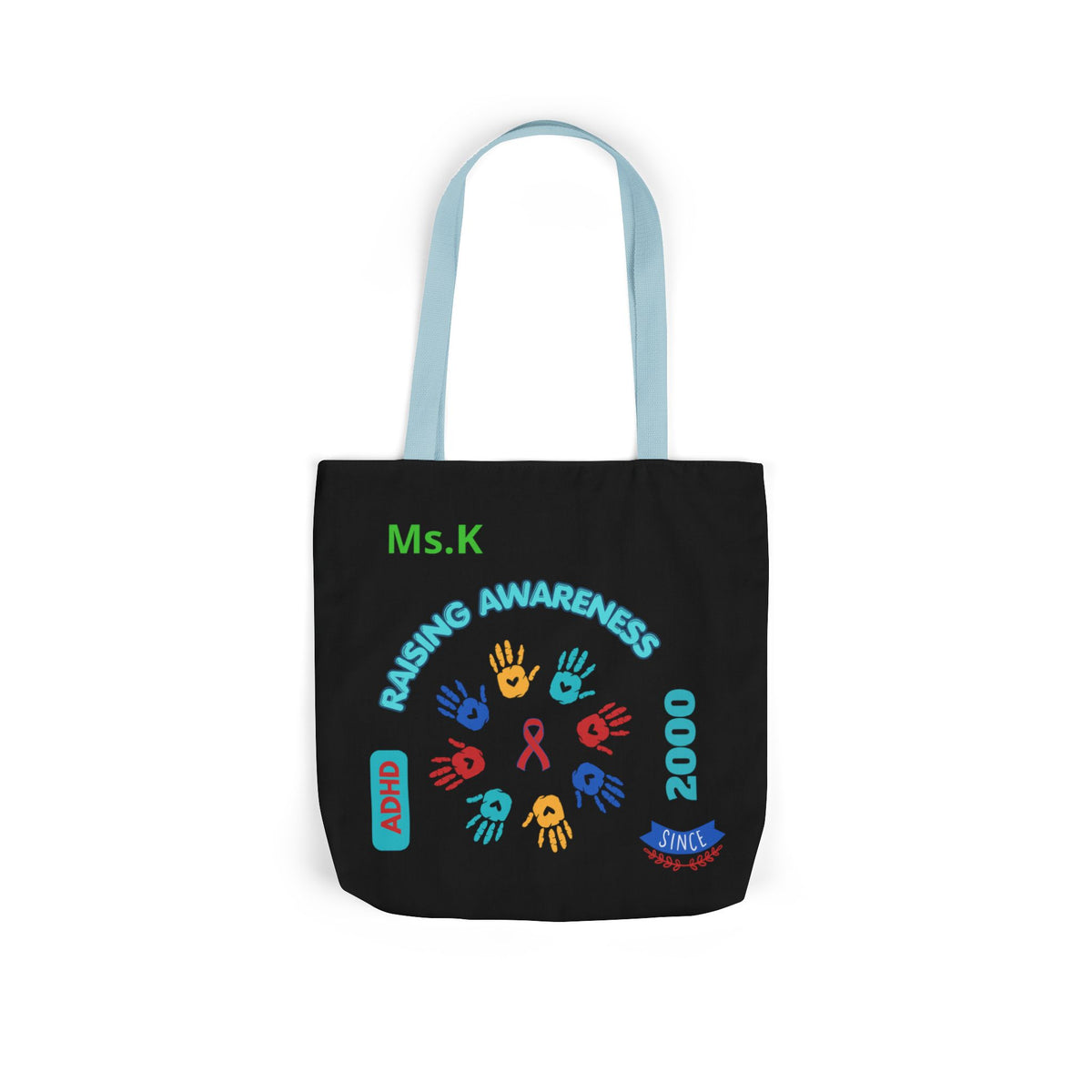 Autism Awareness Canvas Tote — Rainbow Handprints & Ribbon Design