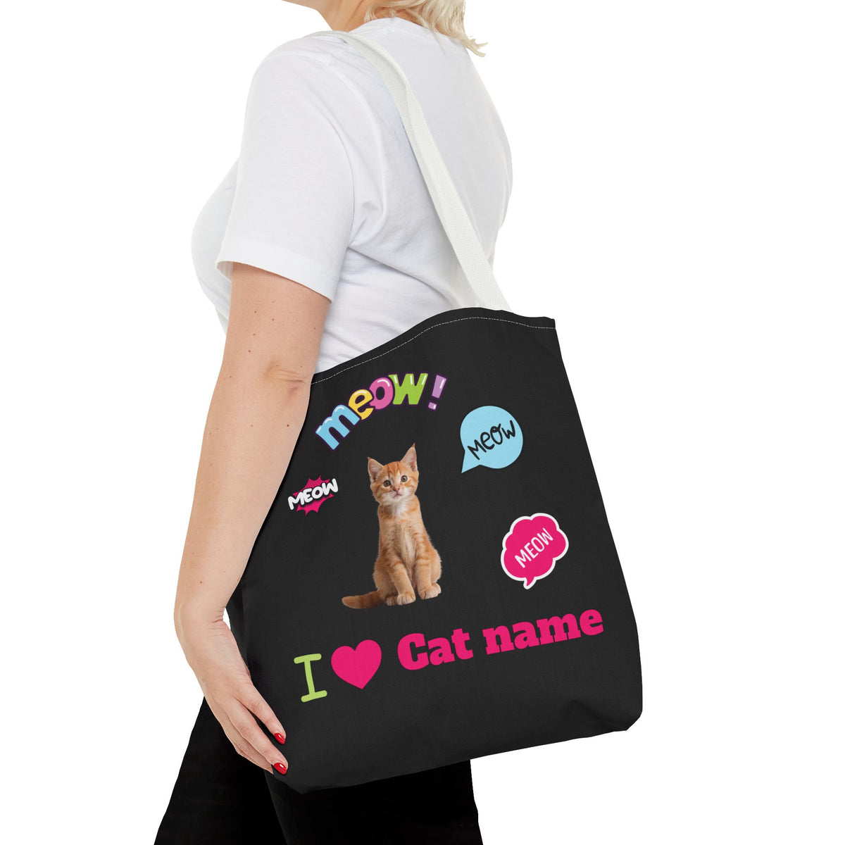 Personalized Cat Lover Canvas Tote Bag — "I  Cat name" Customizable Cat Photo Tote