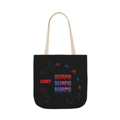 Personalized D.O.B Scorpio 1987 Tote Bag with initials in back — Zodiac Canvas Tote with Neon Scorpion Design