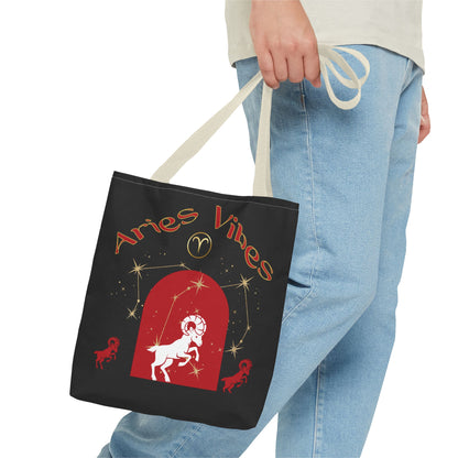 Personalized Initial & Birthdate Aries Vibes Black  Tote Bag — Zodiac Aries Horoscope Astrological Design (Born 1987)