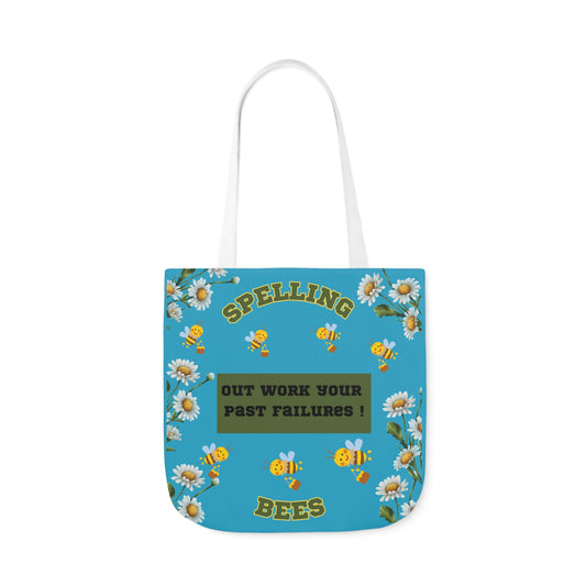 Blue bumble bee theme canvas tote bag, with daisy infront. Spelling bees reads infront of bag. Qoute reads out work past failures.