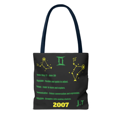 Personalized Initial & D.O.B Gemini Vibes black Zodiac Tote Bag