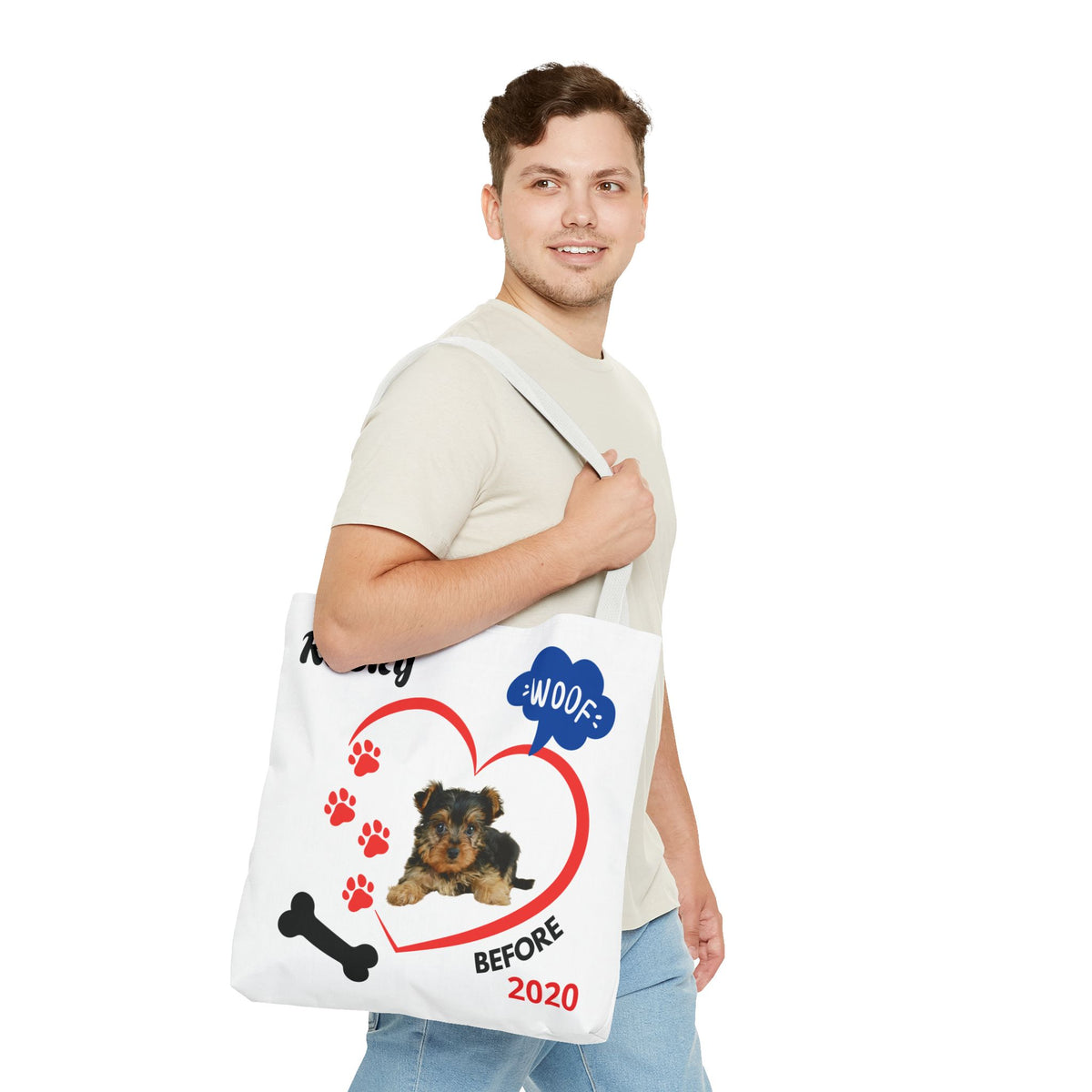 Personalized Puppy Photo & Name White Canvas Tote Bag — "Rocky" Before & Now Paw Print Design