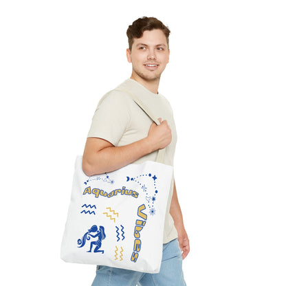 Aquarius Zodiac White Canvas Tote Bag — Personalized Birth Year & Initials