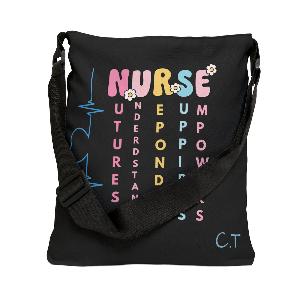 Personalized initial & Years of Services Nurse Black Adjustable Tote Bag