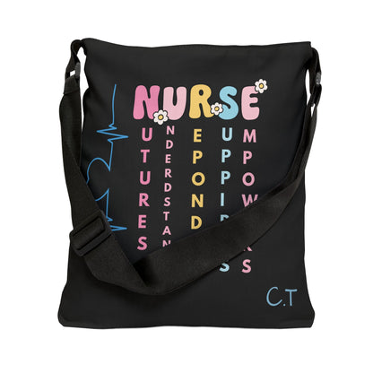 Personalized initial & Years of Services Nurse Black Adjustable Tote Bag