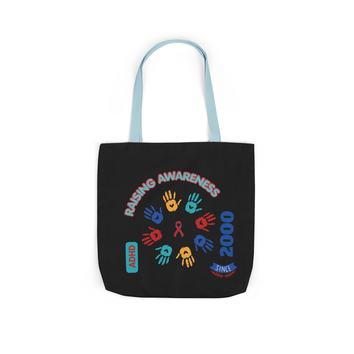 ADHD Awareness Rainbow Ribbon Canvas Tote with Personalized awareness year.