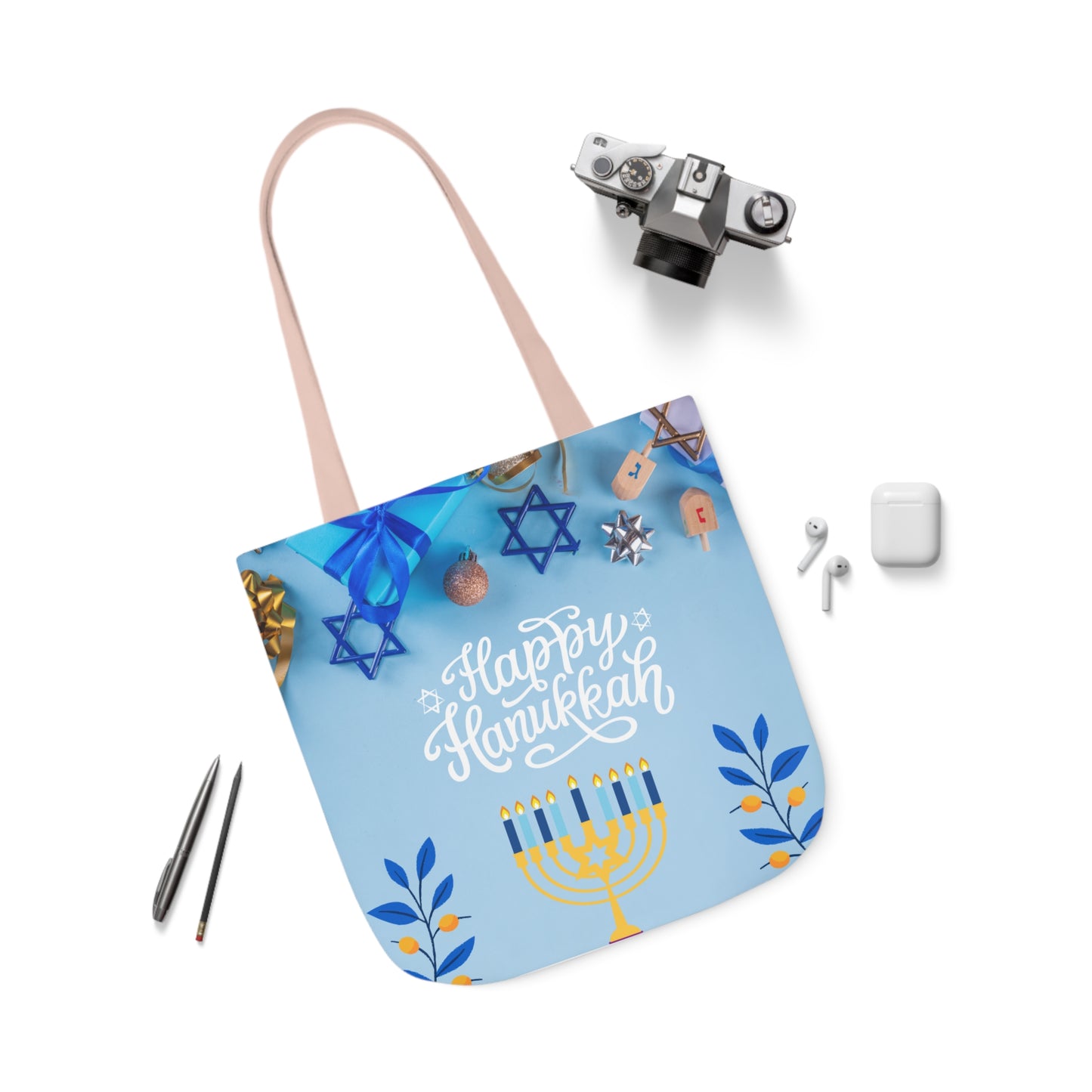 Blue and White Hanukkah Canvas Tote Bag