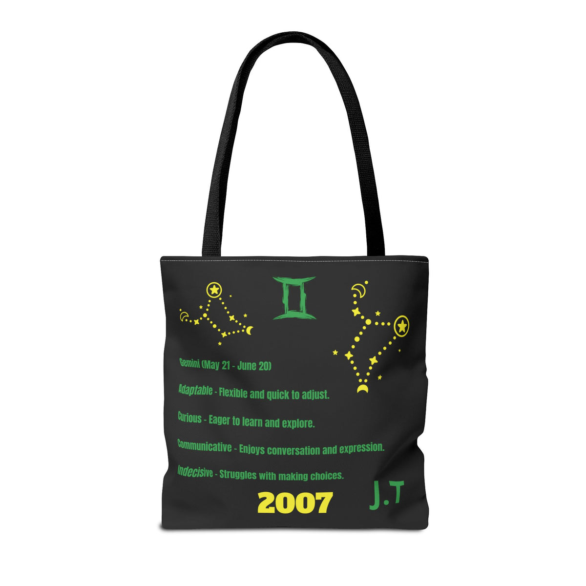 Personalized Initial & D.O.B Gemini Vibes black Zodiac Tote Bag