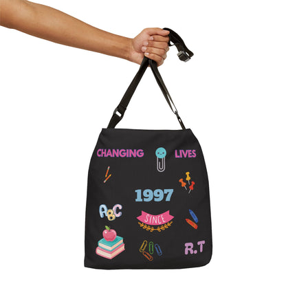 Personalized initial & Teaching Year Black Adjustable Tote Bag — 'Changing Lives Since 1997'