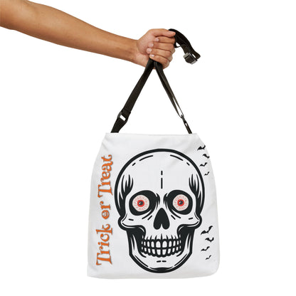 Personalized initial white  and black Halloween Skull Tote Bag — "Trick or Treat" Adjustable Candy Bag