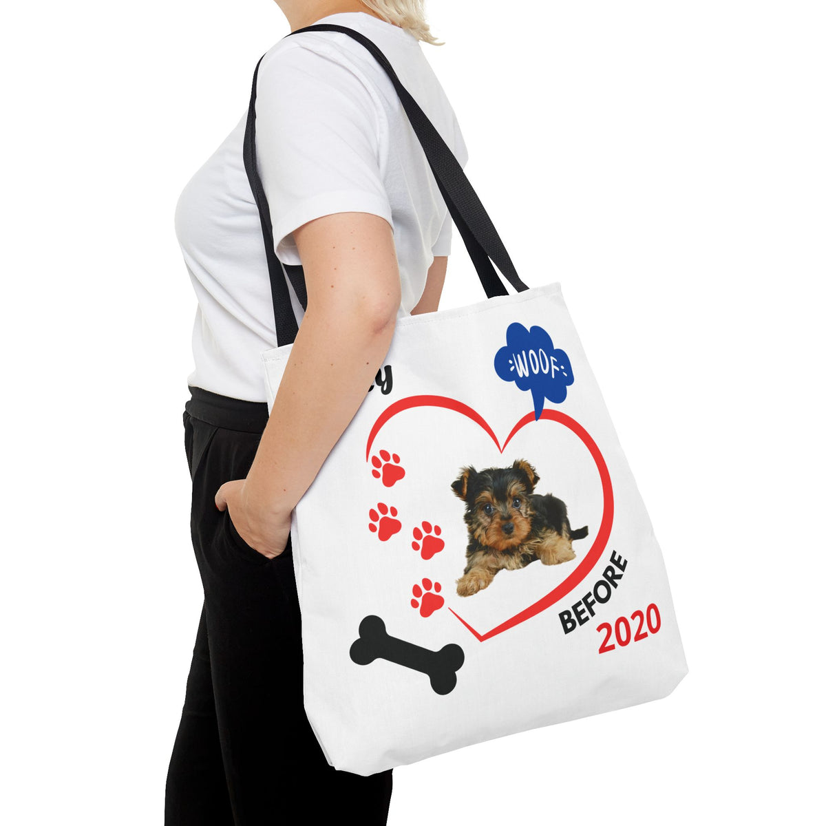 Personalized Puppy Photo & Name White Canvas Tote Bag — "Rocky" Before & Now Paw Print Design