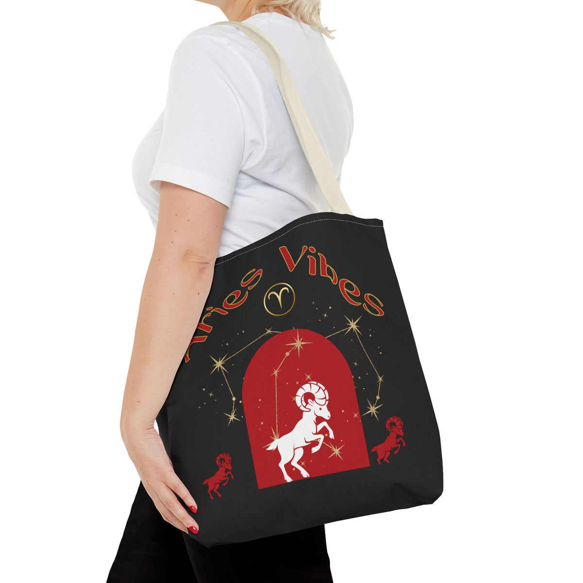Personalized Initial & Birthdate Aries Vibes Black  Tote Bag — Zodiac Aries Horoscope Astrological Design (Born 1987)