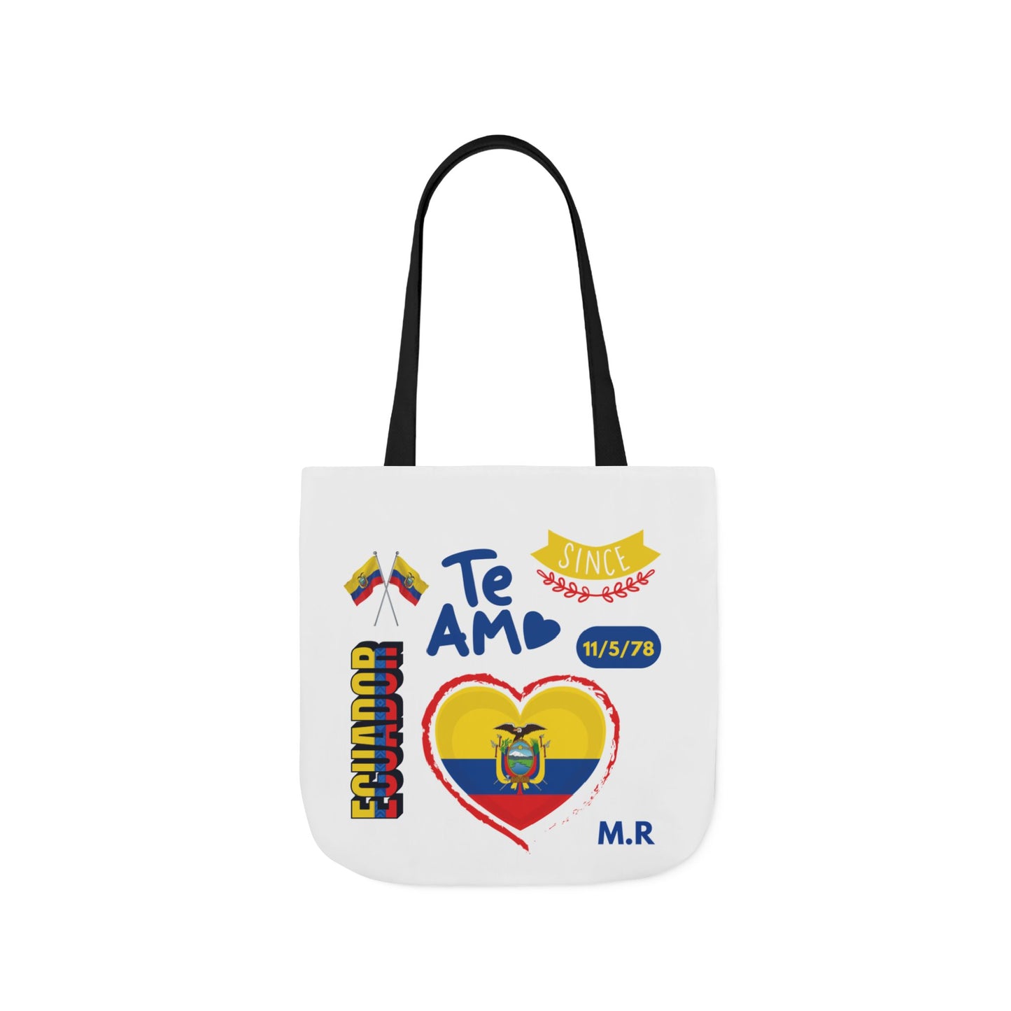 Ecuadorian Pride White Canvas Tote Bag with 5-Color Straps – Te Amo & Yo Soy Designs( Personalized Date of Birth & initials)
