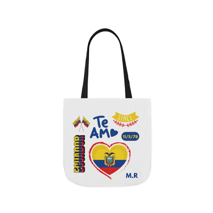 Ecuadorian Pride White Canvas Tote Bag with 5-Color Straps – Te Amo & Yo Soy Designs( Personalized Date of Birth & initials)