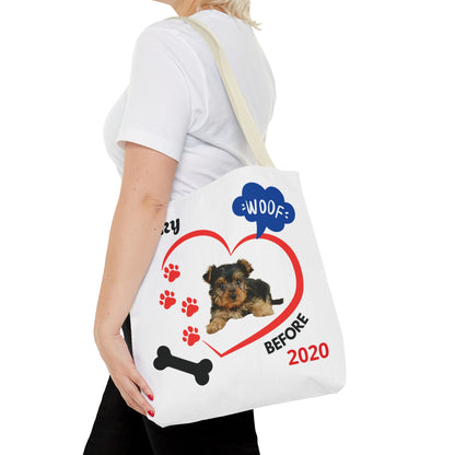 Personalized Puppy Photo & Name White Canvas Tote Bag — "Rocky" Before & Now Paw Print Design