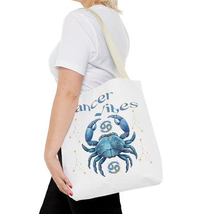 Personalized Initials & D.O.B Cancer Zodiac White Canvas Tote Bag – June 21–July 22 Astrology Gift