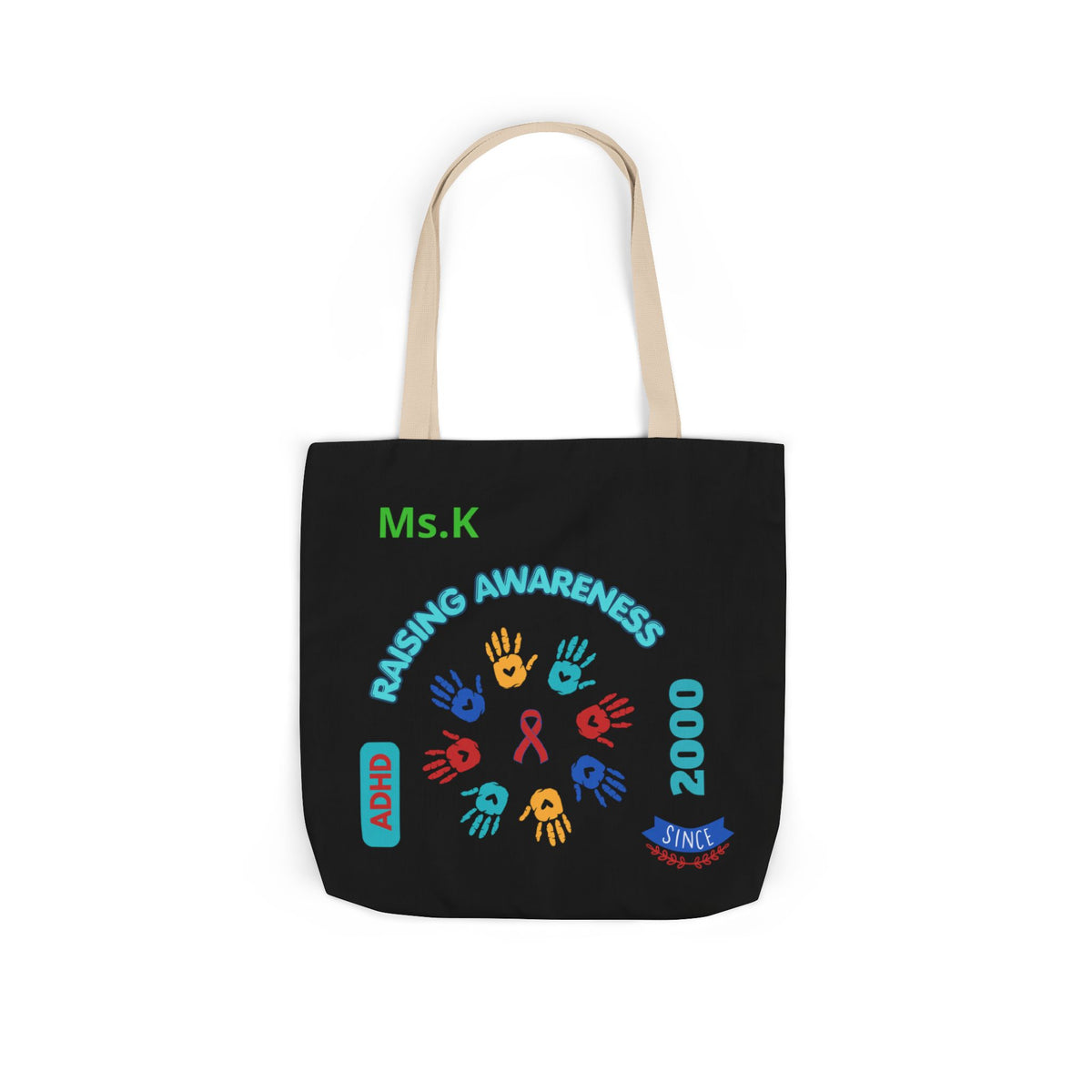 Autism Awareness Canvas Tote — Rainbow Handprints & Ribbon Design
