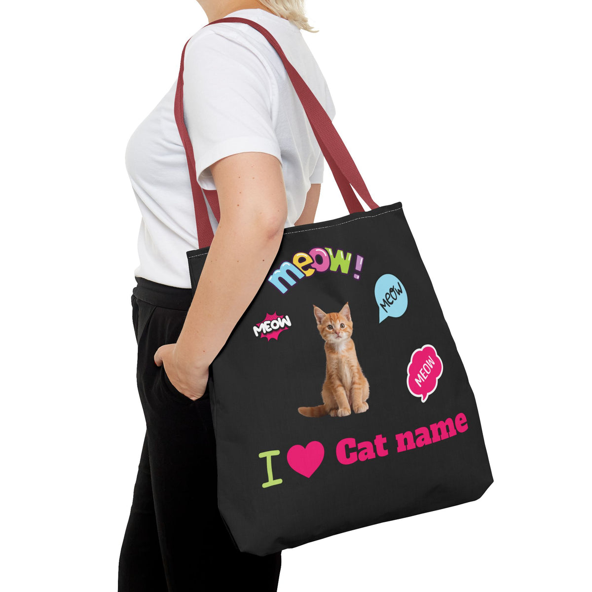 Personalized Cat Lover Canvas Tote Bag — "I  Cat name" Customizable Cat Photo Tote