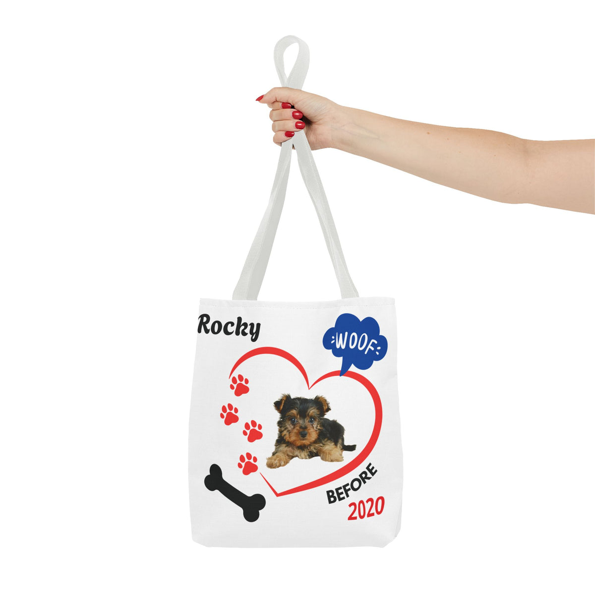 Personalized Puppy Photo & Name White Canvas Tote Bag — "Rocky" Before & Now Paw Print Design
