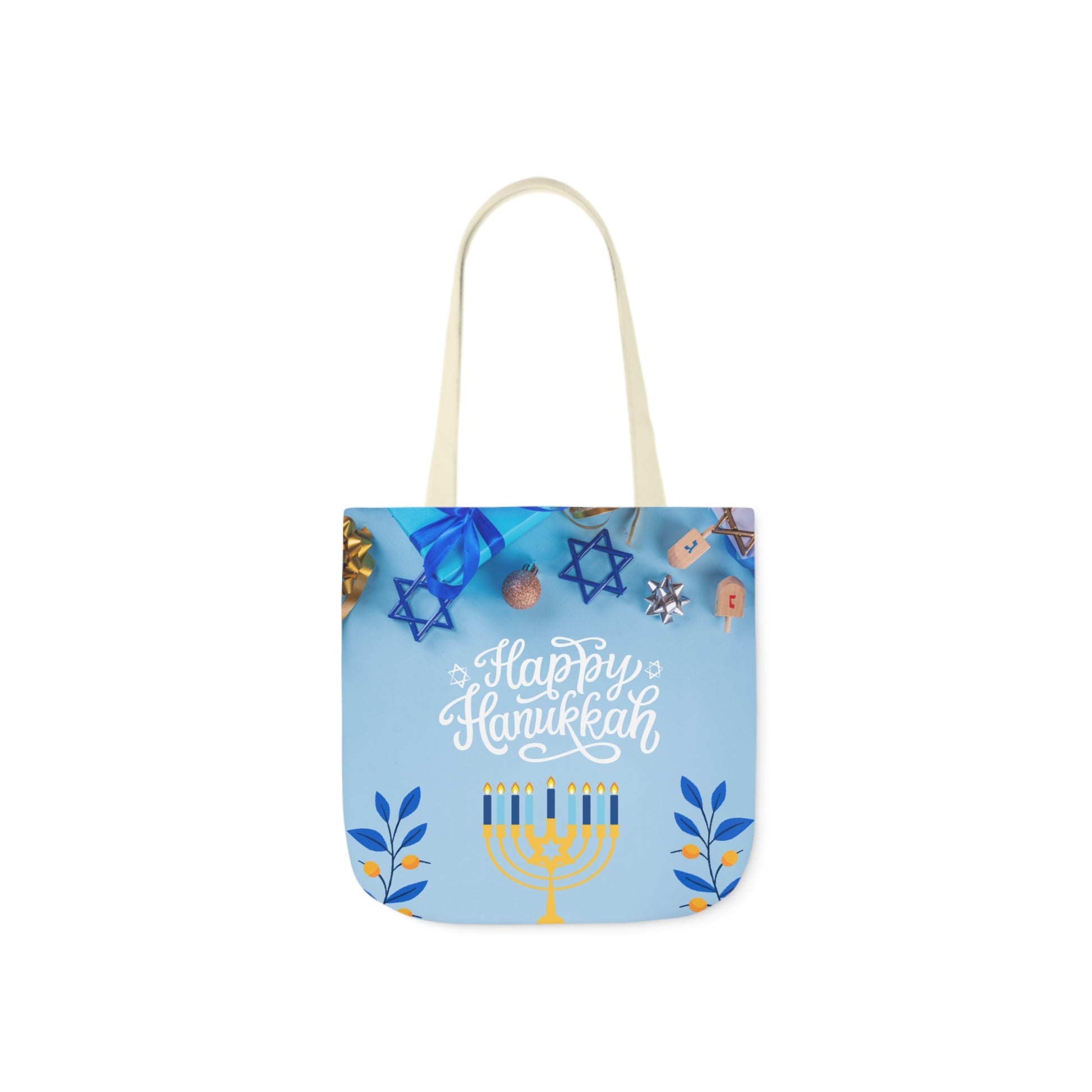 Blue and White hanukkah AOP canvas tote bag, with menorah in front.