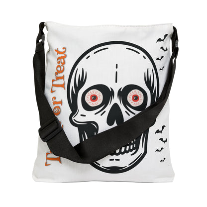 Personalized initial white  and black Halloween Skull Tote Bag — "Trick or Treat" Adjustable Candy Bag