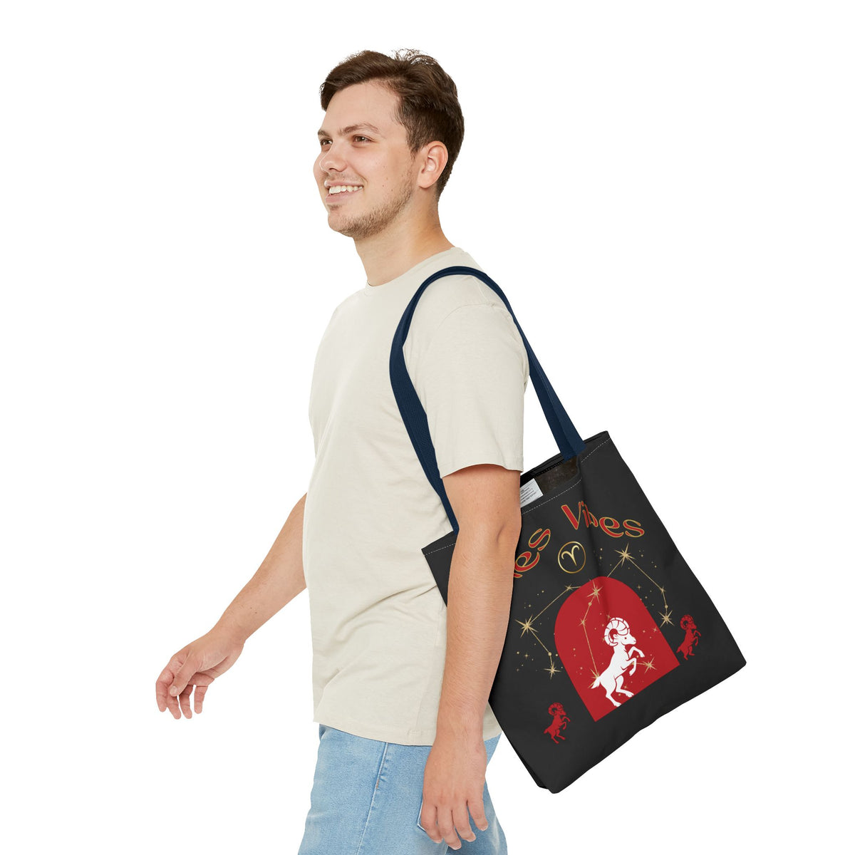 Personalized Initial & Birthdate Aries Vibes Black  Tote Bag — Zodiac Aries Horoscope Astrological Design (Born 1987)
