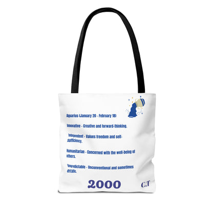 Aquarius Zodiac White Canvas Tote Bag — Personalized Birth Year & Initials