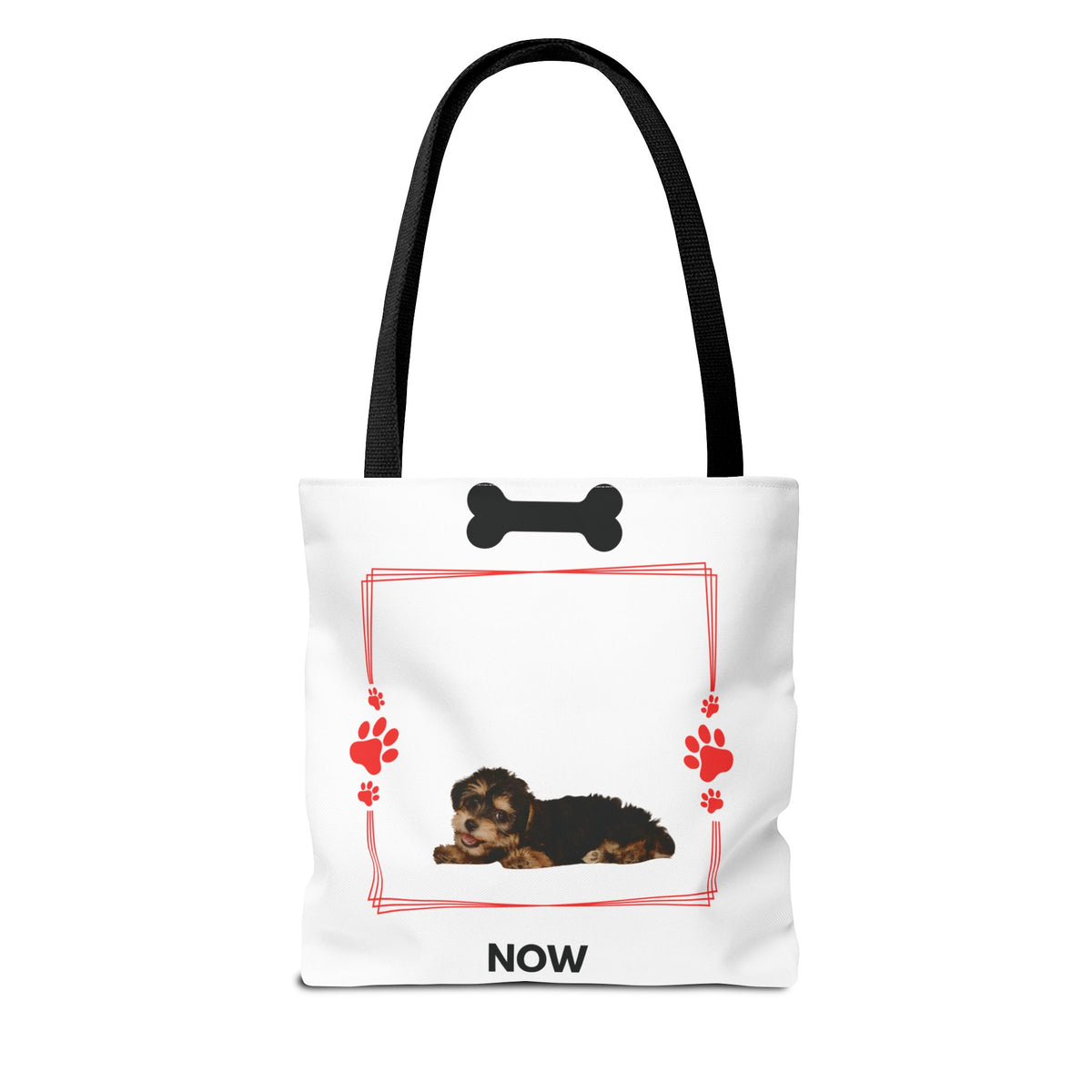 Personalized Puppy Photo & Name White Canvas Tote Bag — "Rocky" Before & Now Paw Print Design