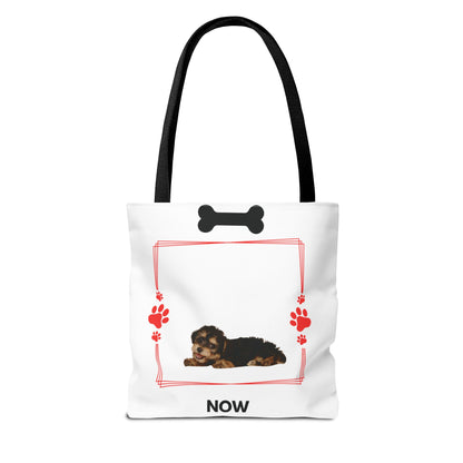 Personalized Puppy Photo & Name White Canvas Tote Bag — "Rocky" Before & Now Paw Print Design