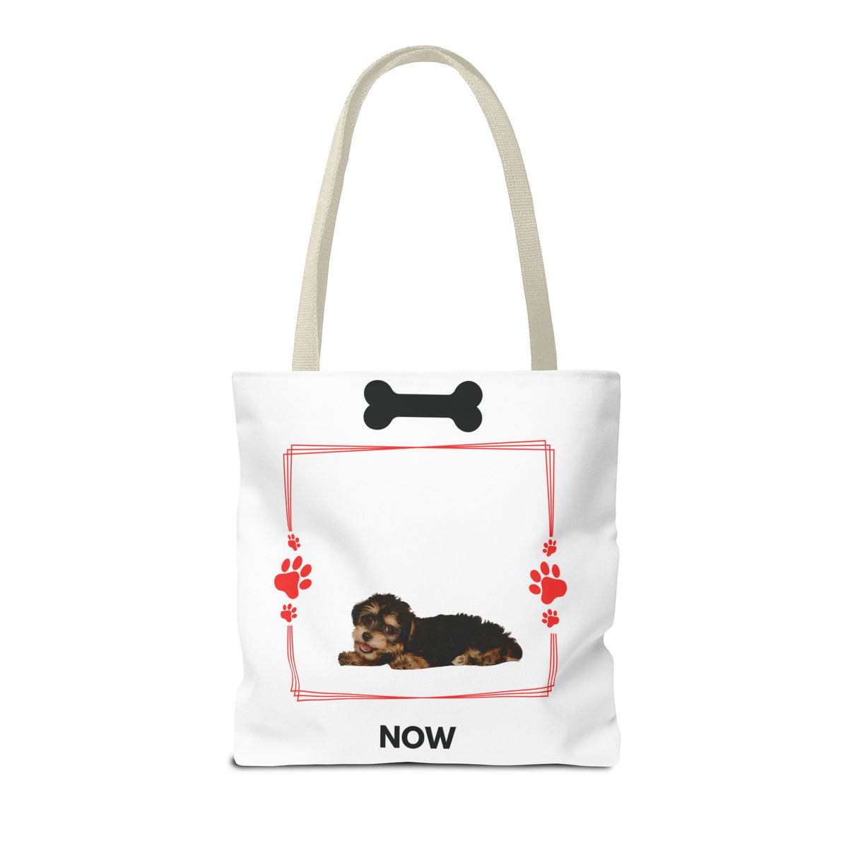 Personalized Puppy Photo & Name White Canvas Tote Bag — "Rocky" Before & Now Paw Print Design