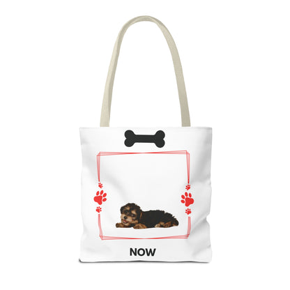 Personalized Puppy Photo & Name White Canvas Tote Bag — "Rocky" Before & Now Paw Print Design