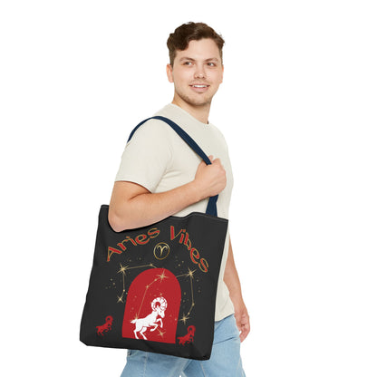 Personalized Initial & Birthdate Aries Vibes Black  Tote Bag — Zodiac Aries Horoscope Astrological Design (Born 1987)