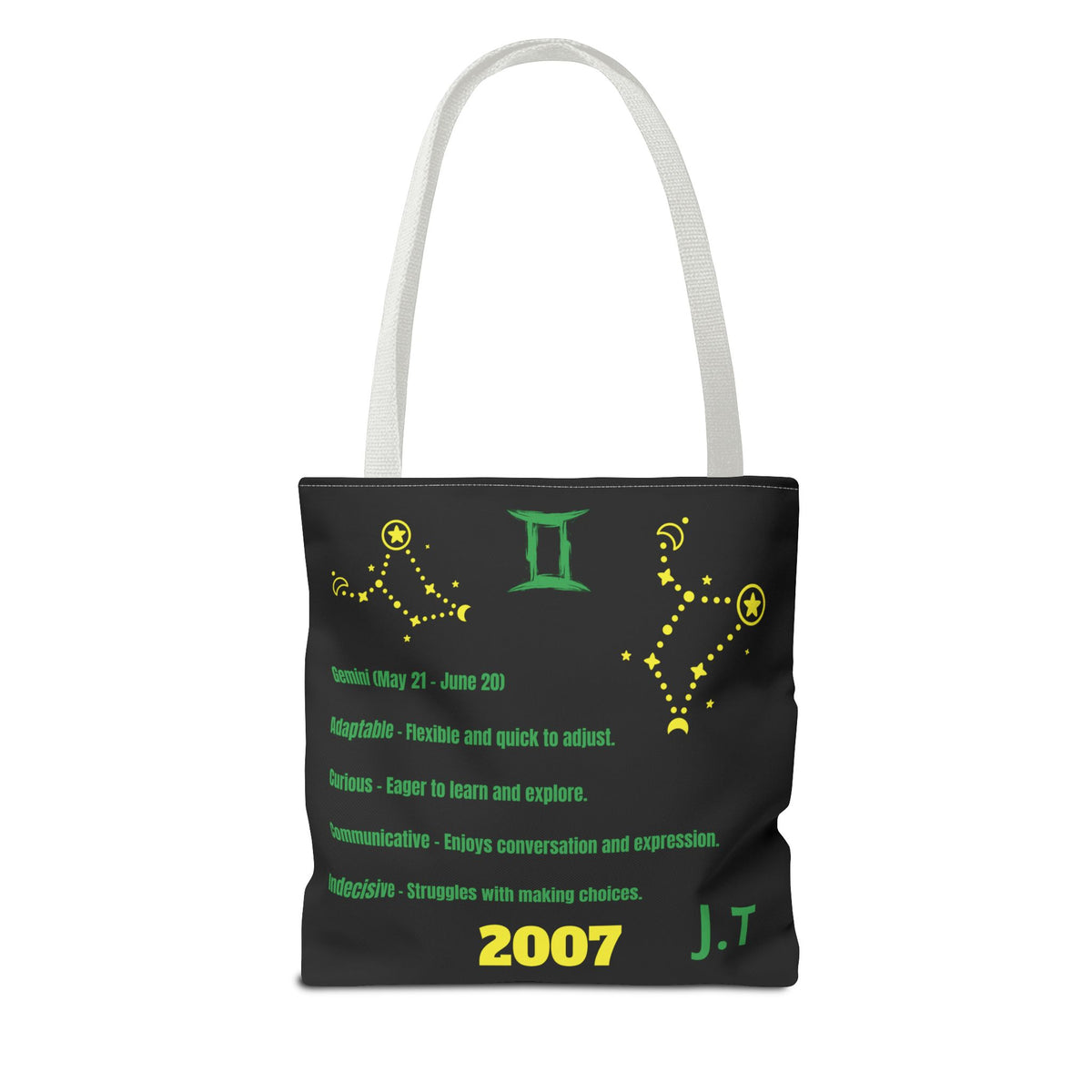 Personalized Initial & D.O.B Gemini Vibes black Zodiac Tote Bag
