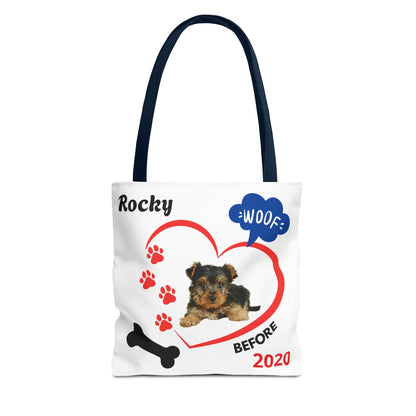 Personalized Puppy Photo & Name White Canvas Tote Bag — "Rocky" Before & Now Paw Print Design