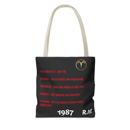 Personalized Initial & Birthdate Aries Vibes Black  Tote Bag — Zodiac Aries Horoscope Astrological Design (Born 1987)