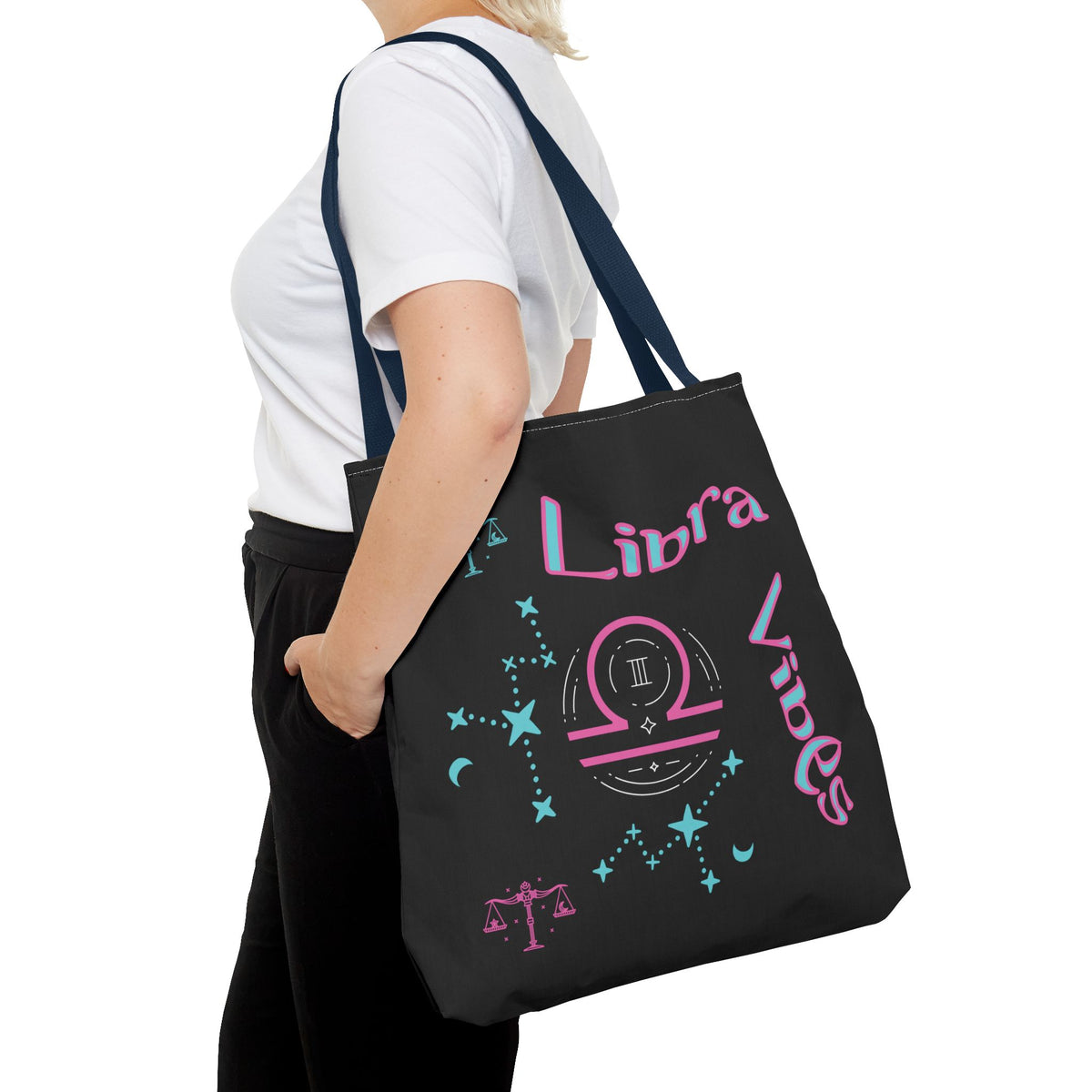 Personalized Initial & D.O.B Libra Zodiac Black Tote Bag with Traits & Birth Year (1997)