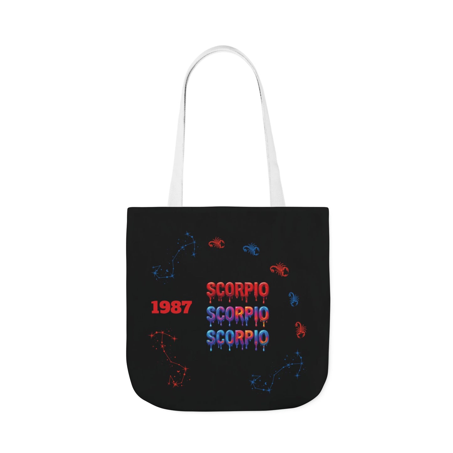Personalized D.O.B Scorpio 1987 Tote Bag with initials in back — Zodiac Canvas Tote with Neon Scorpion Design