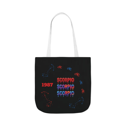 Personalized D.O.B Scorpio 1987 Tote Bag with initials in back — Zodiac Canvas Tote with Neon Scorpion Design