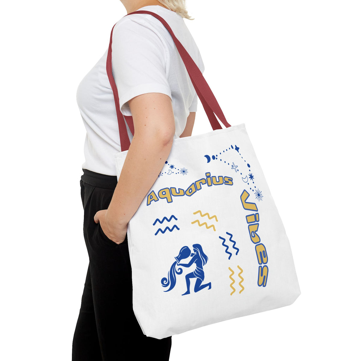 Aquarius Zodiac White Canvas Tote Bag — Personalized Birth Year & Initials