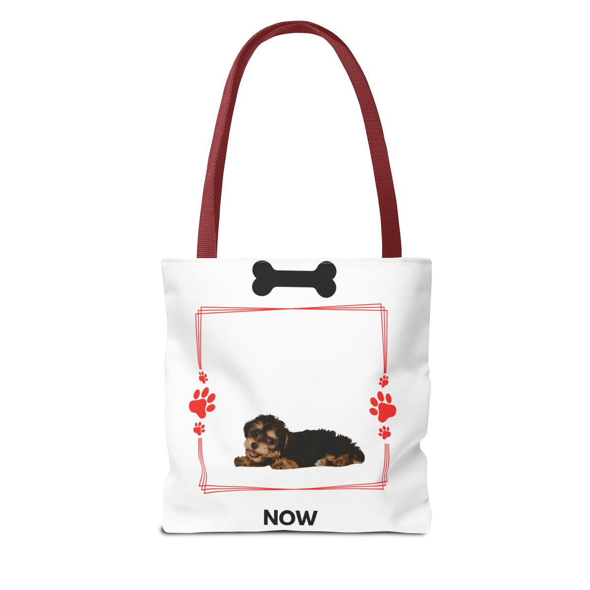 Personalized Puppy Photo & Name White Canvas Tote Bag — "Rocky" Before & Now Paw Print Design