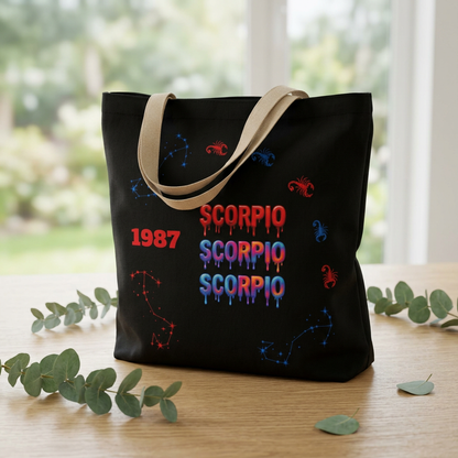 Personalized D.O.B Scorpio 1987 Tote Bag with initials in back — Zodiac Canvas Tote with Neon Scorpion Design