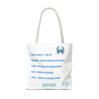 Personalized Initials & D.O.B Cancer Zodiac White Canvas Tote Bag – June 21–July 22 Astrology Gift