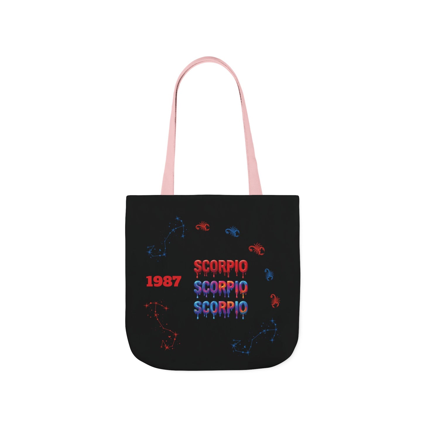 Personalized D.O.B Scorpio 1987 Tote Bag with initials in back — Zodiac Canvas Tote with Neon Scorpion Design