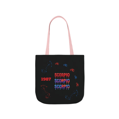 Personalized D.O.B Scorpio 1987 Tote Bag with initials in back — Zodiac Canvas Tote with Neon Scorpion Design