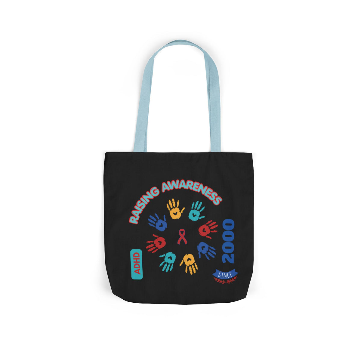 ADHD Awareness Rainbow Ribbon Canvas Tote with Personalized awareness year.