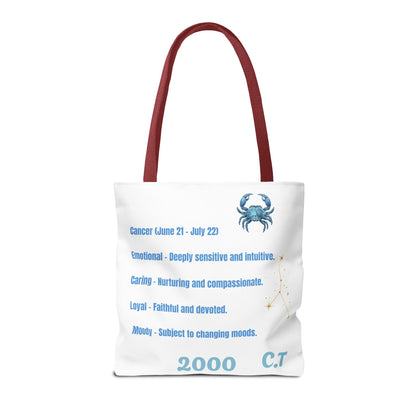 Personalized Initials & D.O.B Cancer Zodiac White Canvas Tote Bag – June 21–July 22 Astrology Gift