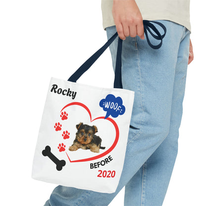 Personalized Puppy Photo & Name White Canvas Tote Bag — "Rocky" Before & Now Paw Print Design